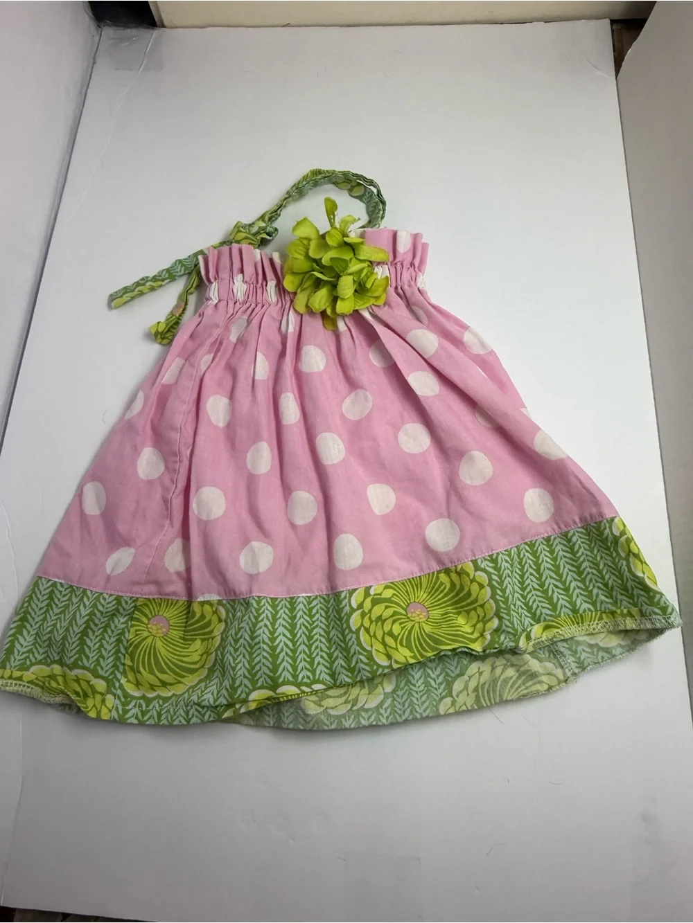 No tag Pink Polka Dot Dress with Green Floral Accents